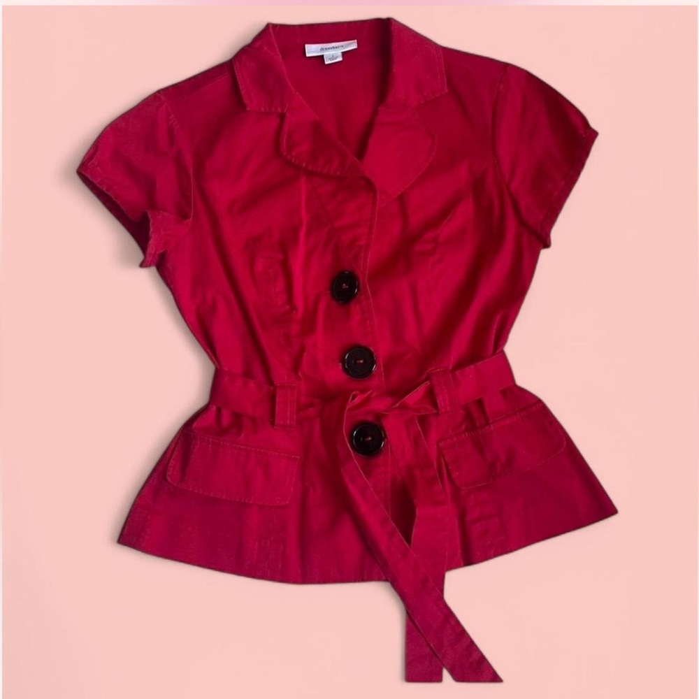 Y2K Office Siren Red Top with Buttons and a Belt Tie